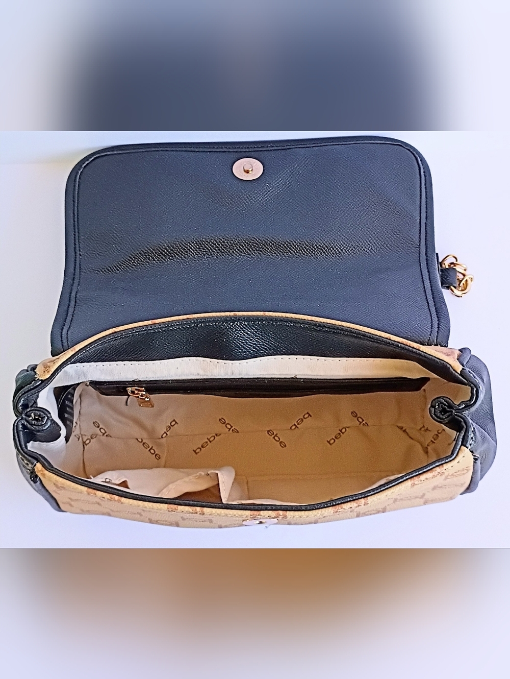 Bebe Leilani Monogram Shoulder Bag Gold Chain NWT Beige Black Crossbody - Picture 6 of 8